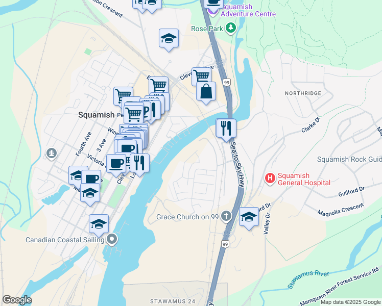 map of restaurants, bars, coffee shops, grocery stores, and more near 38081 Helm Way in Squamish