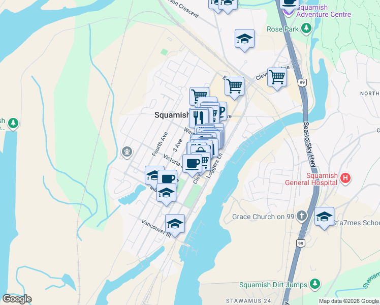 map of restaurants, bars, coffee shops, grocery stores, and more near 38033 2 Avenue in Squamish