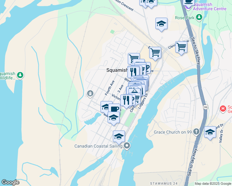 map of restaurants, bars, coffee shops, grocery stores, and more near 38007 3 Avenue in Squamish