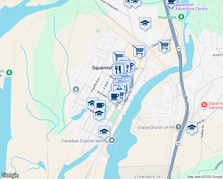 map of restaurants, bars, coffee shops, grocery stores, and more near 38033 2 Avenue in Squamish