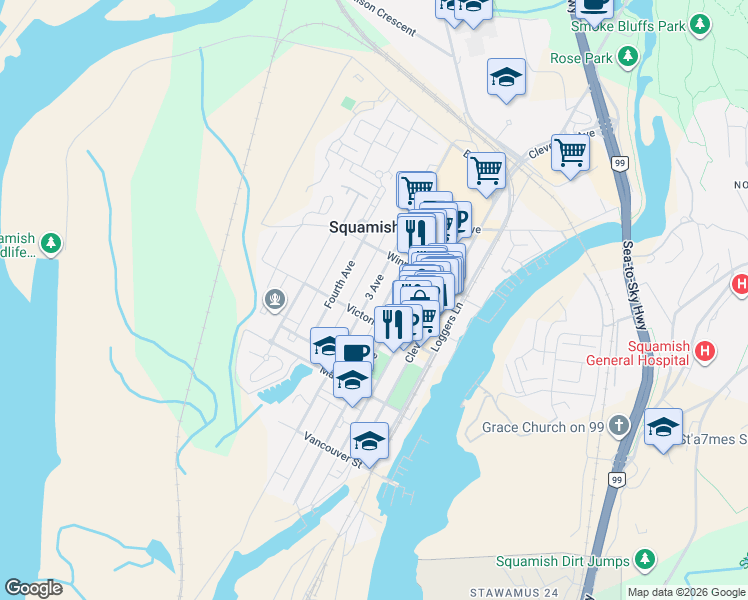 map of restaurants, bars, coffee shops, grocery stores, and more near 38028 3 Avenue in Squamish