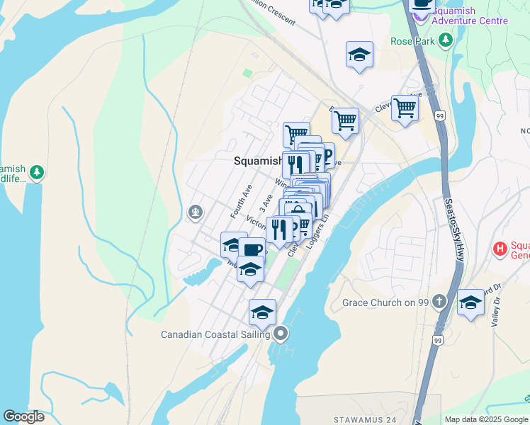 map of restaurants, bars, coffee shops, grocery stores, and more near 38028 3 Avenue in Squamish