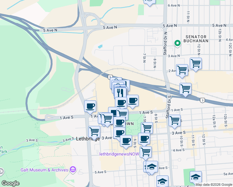 map of restaurants, bars, coffee shops, grocery stores, and more near 501 1 Avenue South in Lethbridge