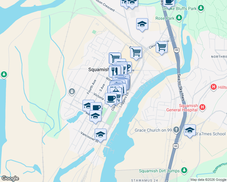 map of restaurants, bars, coffee shops, grocery stores, and more near 38060 2 Avenue in Squamish