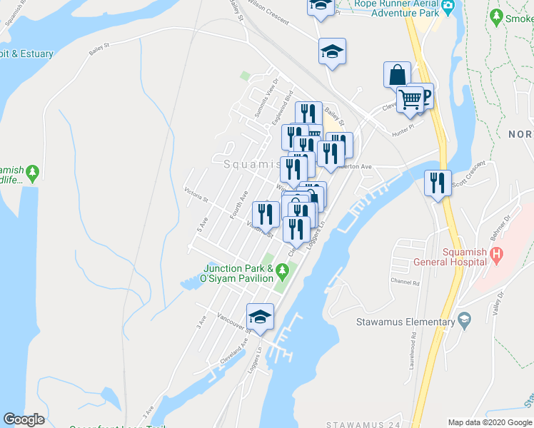map of restaurants, bars, coffee shops, grocery stores, and more near 38028 3 Avenue in Squamish