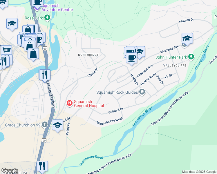 map of restaurants, bars, coffee shops, grocery stores, and more near 38134 Westway Avenue in Squamish