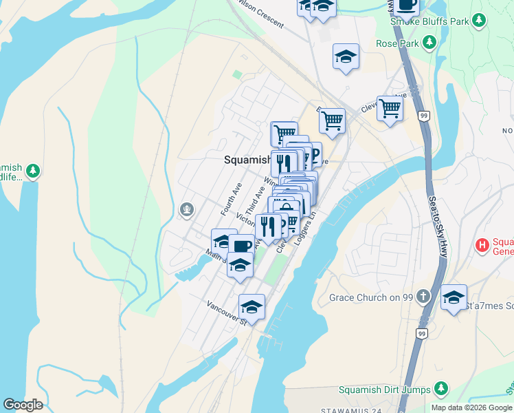 map of restaurants, bars, coffee shops, grocery stores, and more near 38040 Third Avenue in Squamish