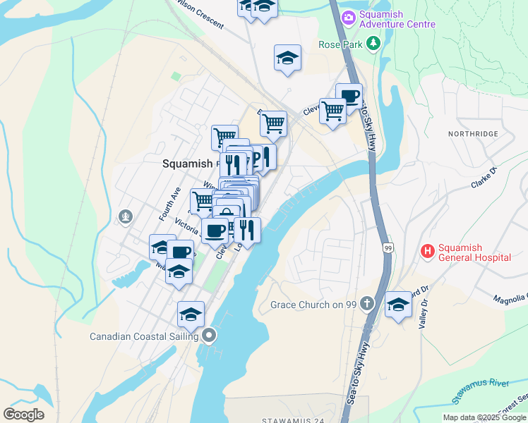map of restaurants, bars, coffee shops, grocery stores, and more near 38116 Loggers Lane in Squamish