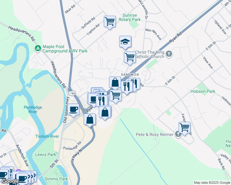 map of restaurants, bars, coffee shops, grocery stores, and more near 1045 Ryan Road in Courtenay
