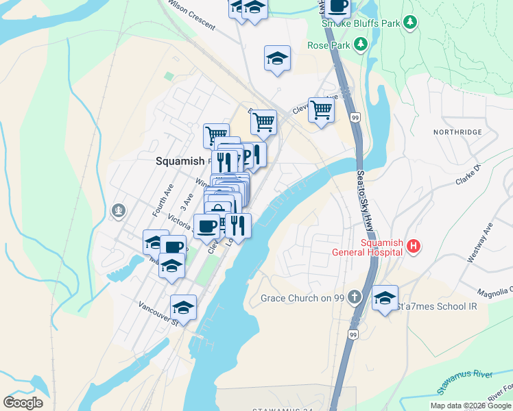 map of restaurants, bars, coffee shops, grocery stores, and more near 38116 Loggers Lane in Squamish