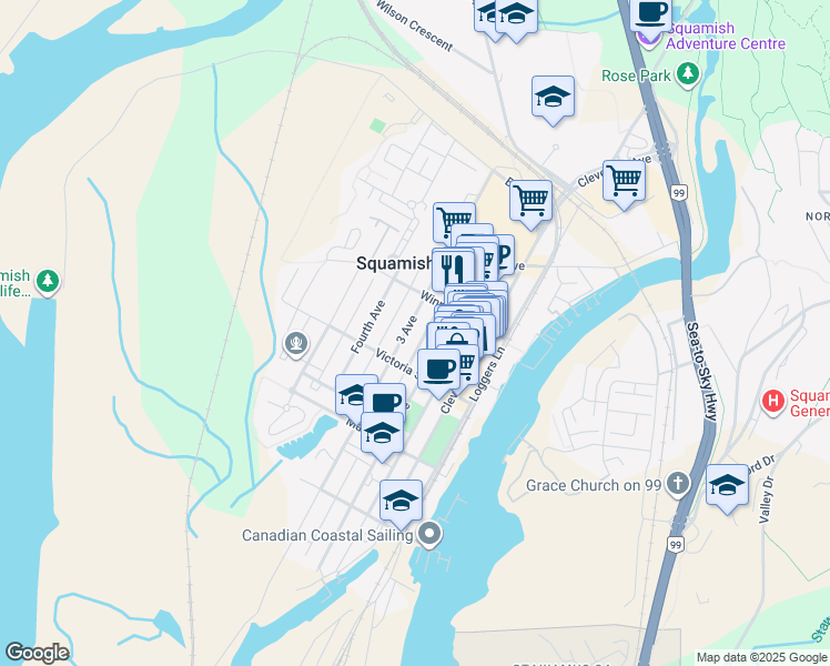 map of restaurants, bars, coffee shops, grocery stores, and more near 38033 2 Avenue in Squamish