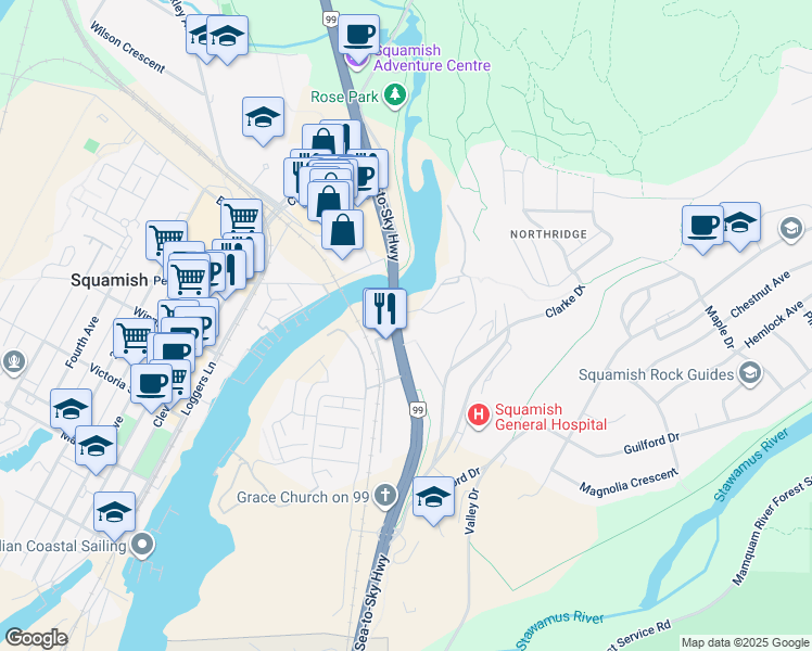 map of restaurants, bars, coffee shops, grocery stores, and more near 1461 Scott Crescent in Squamish
