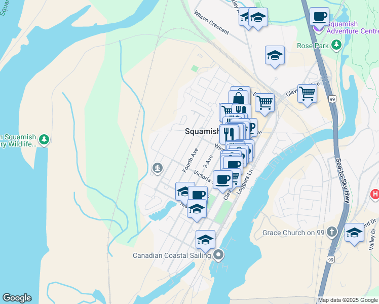 map of restaurants, bars, coffee shops, grocery stores, and more near 38047 Fourth Avenue in Squamish