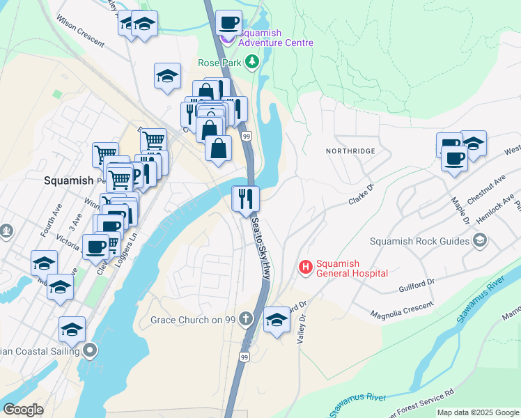 map of restaurants, bars, coffee shops, grocery stores, and more near 1451-1461 Scott Crescent in Squamish