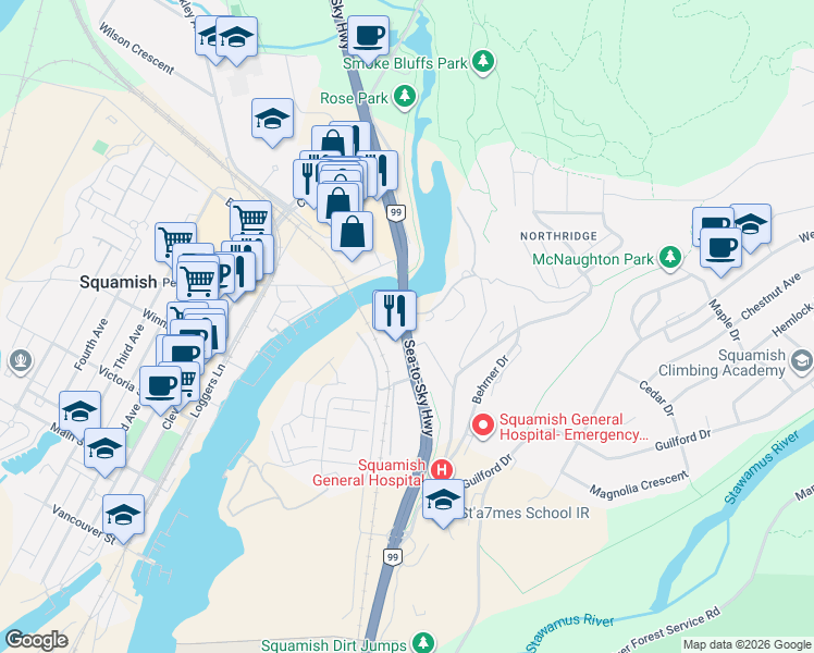 map of restaurants, bars, coffee shops, grocery stores, and more near 1502 Scott Crescent in Squamish
