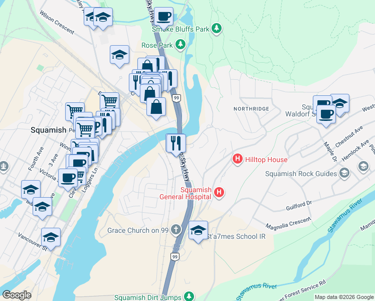 map of restaurants, bars, coffee shops, grocery stores, and more near 1500 Scott Crescent in Squamish