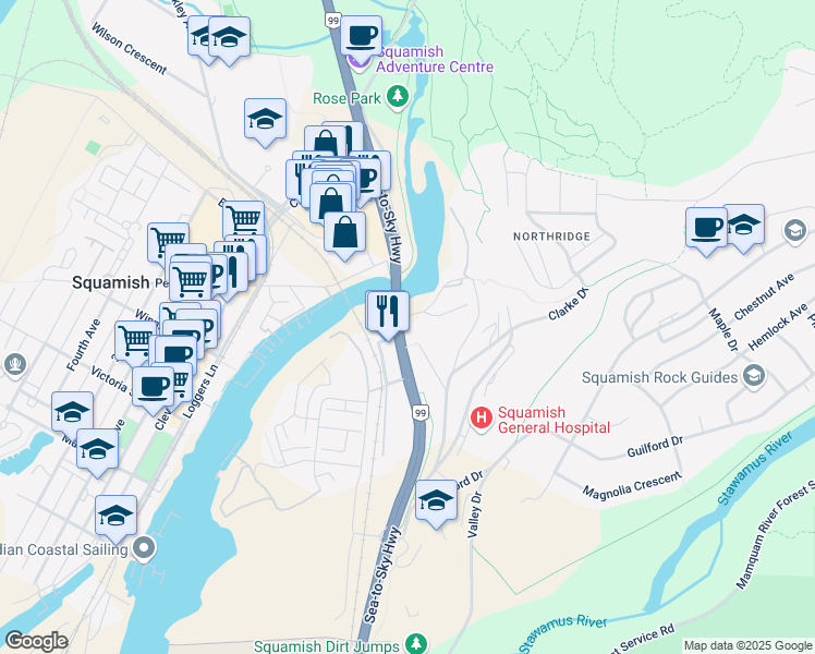 map of restaurants, bars, coffee shops, grocery stores, and more near 1506 Scott Crescent in Squamish