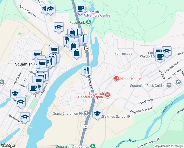 map of restaurants, bars, coffee shops, grocery stores, and more near 1500 Scott Crescent in Squamish