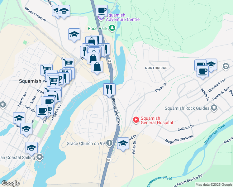map of restaurants, bars, coffee shops, grocery stores, and more near 1500 Scott Crescent in Squamish