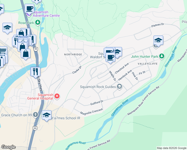 map of restaurants, bars, coffee shops, grocery stores, and more near 38171 Westway Avenue in Squamish