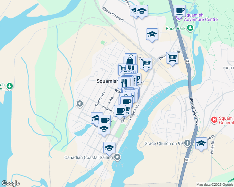 map of restaurants, bars, coffee shops, grocery stores, and more near 38108 3 Avenue in Squamish