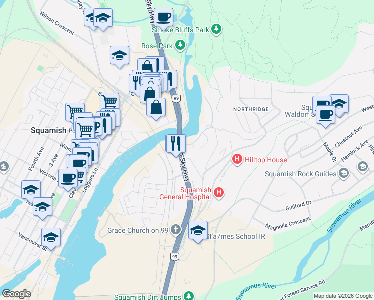 map of restaurants, bars, coffee shops, grocery stores, and more near 1500 Scott Crescent in Squamish