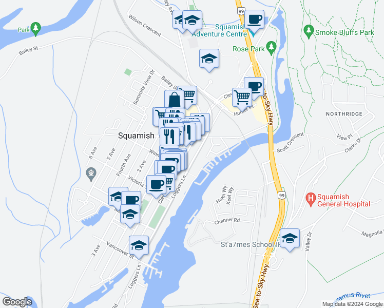 map of restaurants, bars, coffee shops, grocery stores, and more near 38142 Cleveland Avenue in Squamish