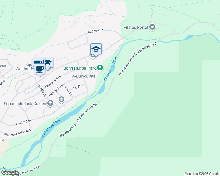 map of restaurants, bars, coffee shops, grocery stores, and more near Mamquam River Forest Service Road in Squamish