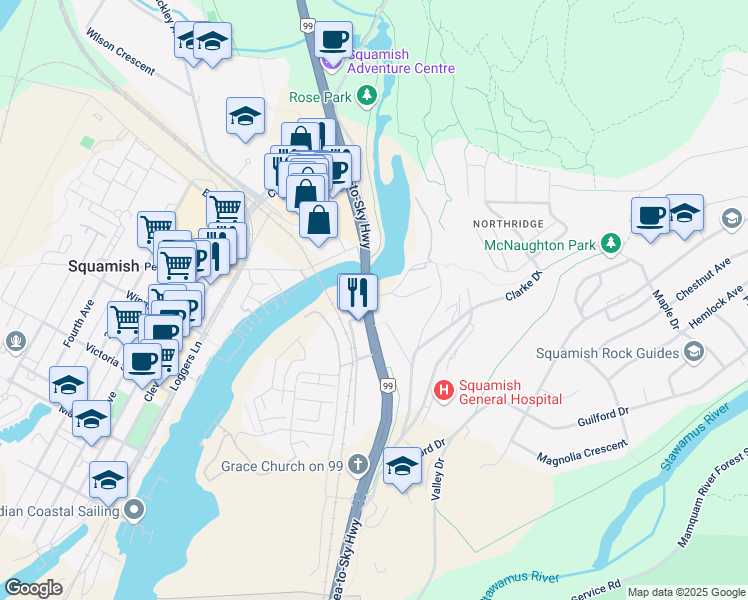 map of restaurants, bars, coffee shops, grocery stores, and more near 1451-1461 Scott Crescent in Squamish