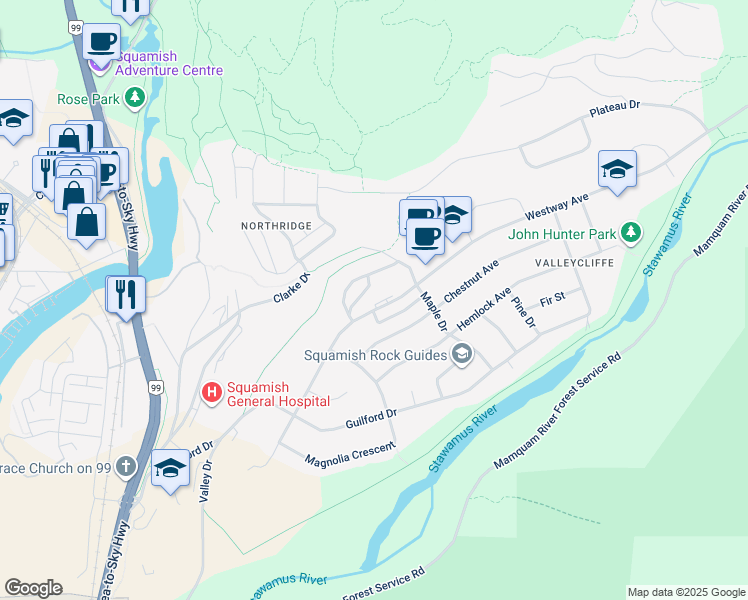 map of restaurants, bars, coffee shops, grocery stores, and more near 38173 Westway Avenue in Squamish