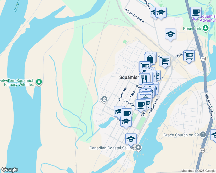 map of restaurants, bars, coffee shops, grocery stores, and more near 38024 6 Avenue in Squamish
