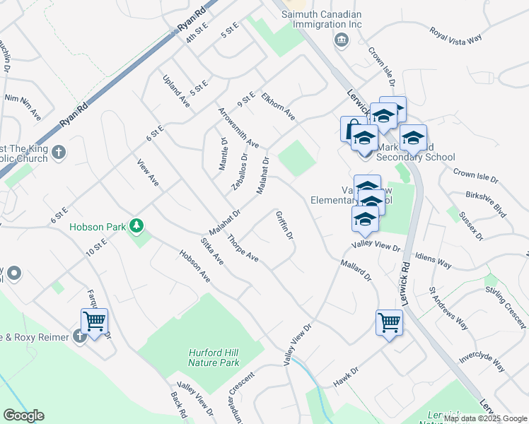 map of restaurants, bars, coffee shops, grocery stores, and more near 1430 Griffin Drive in Courtenay