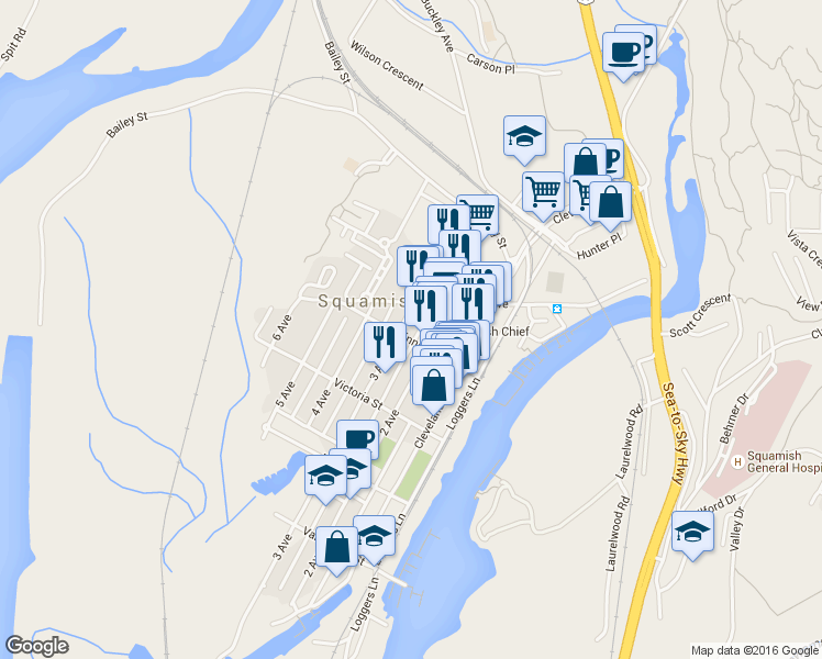 map of restaurants, bars, coffee shops, grocery stores, and more near 38108 3 Avenue in Squamish