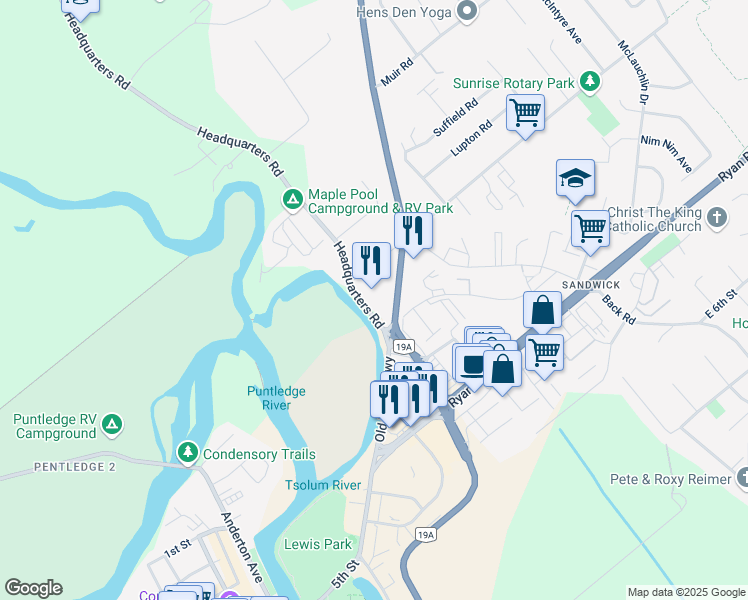 map of restaurants, bars, coffee shops, grocery stores, and more near 150 Headquarters Road in Courtenay