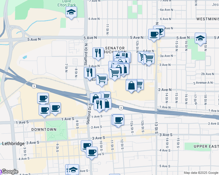 map of restaurants, bars, coffee shops, grocery stores, and more near in Lethbridge