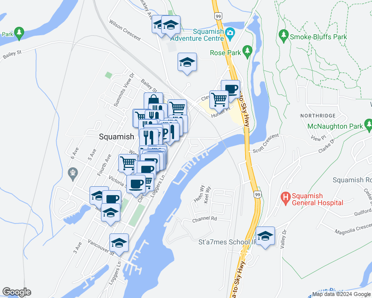 map of restaurants, bars, coffee shops, grocery stores, and more near 1466 Pemberton Avenue in Squamish