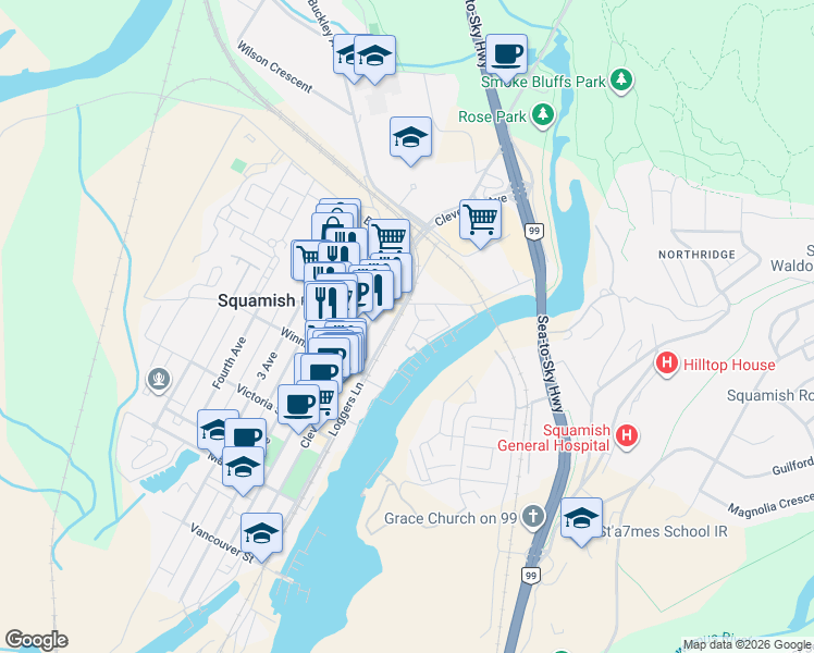 map of restaurants, bars, coffee shops, grocery stores, and more near 1466 Pemberton Avenue in Squamish