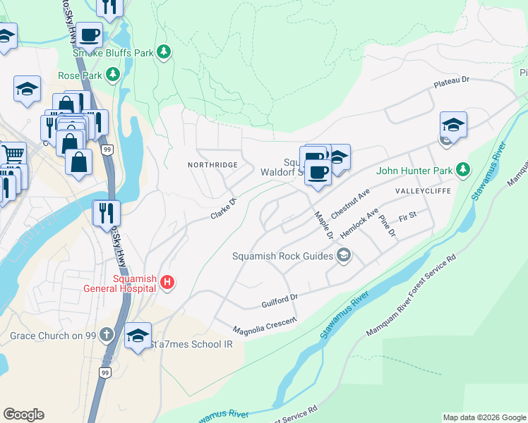 map of restaurants, bars, coffee shops, grocery stores, and more near 38179 Westway Avenue in Squamish