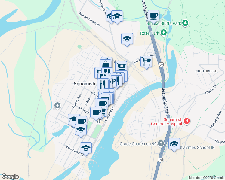 map of restaurants, bars, coffee shops, grocery stores, and more near 38165 Cleveland Avenue in Squamish