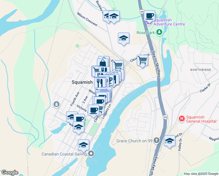 map of restaurants, bars, coffee shops, grocery stores, and more near 38165 Cleveland Avenue in Squamish