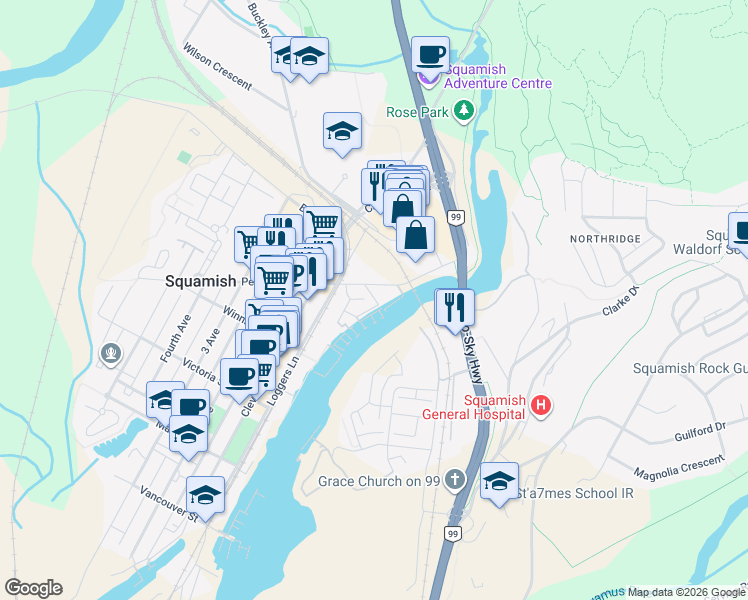 map of restaurants, bars, coffee shops, grocery stores, and more near 1468 Pemberton Avenue in Squamish