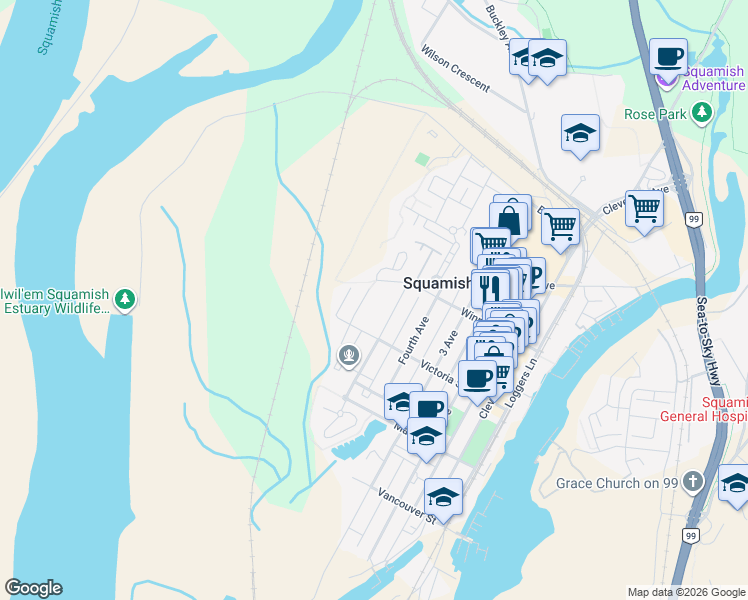 map of restaurants, bars, coffee shops, grocery stores, and more near 38048 6 Avenue in Squamish