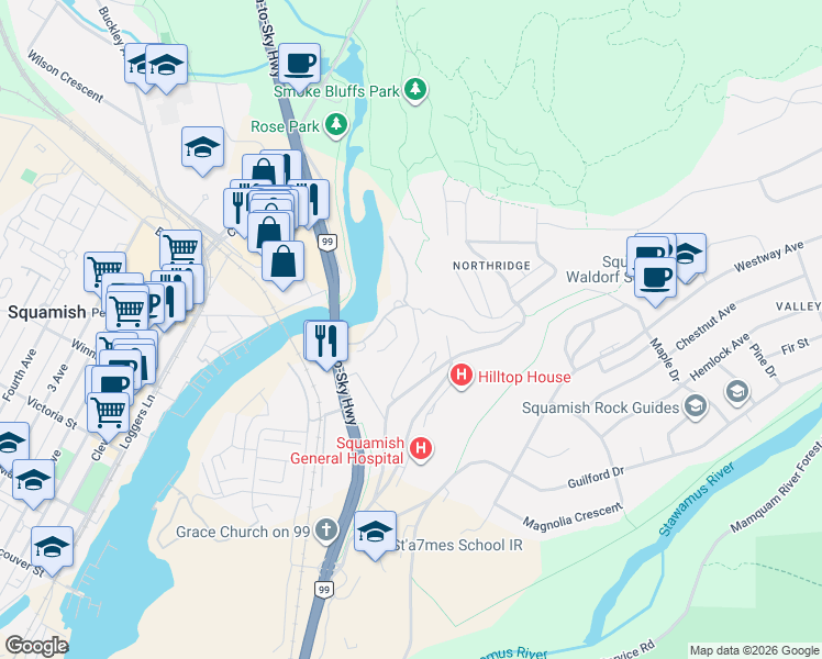 map of restaurants, bars, coffee shops, grocery stores, and more near 1506 Scott Crescent in Squamish