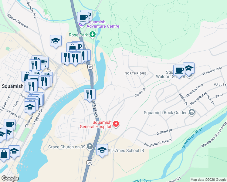 map of restaurants, bars, coffee shops, grocery stores, and more near 1506 Scott Crescent in Squamish