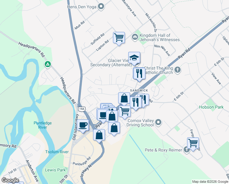 map of restaurants, bars, coffee shops, grocery stores, and more near 1050 Braidwood Road in Courtenay