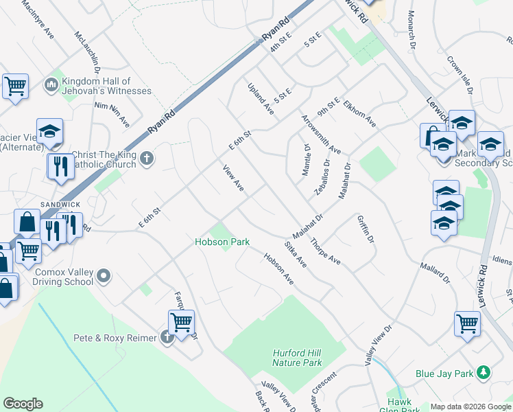 map of restaurants, bars, coffee shops, grocery stores, and more near 1085 View Place in Courtenay