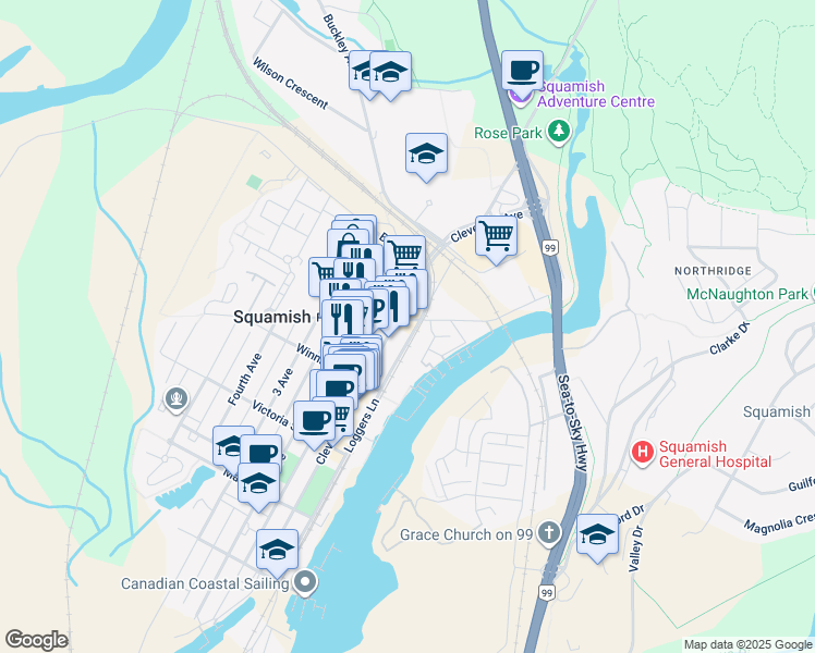 map of restaurants, bars, coffee shops, grocery stores, and more near 38192 Cleveland Avenue in Squamish