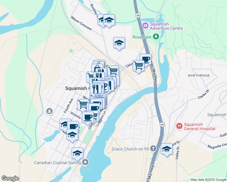map of restaurants, bars, coffee shops, grocery stores, and more near 1466 Pemberton Avenue in Squamish
