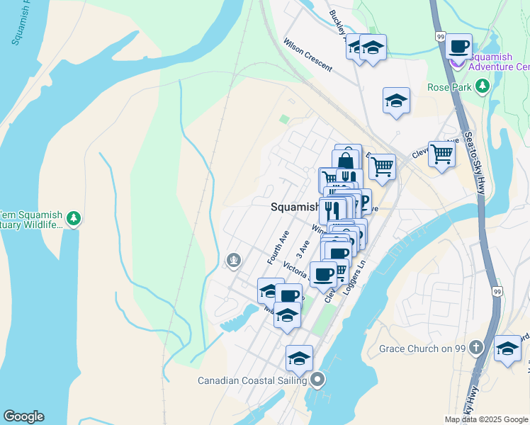 map of restaurants, bars, coffee shops, grocery stores, and more near 38069 5 Avenue in Squamish