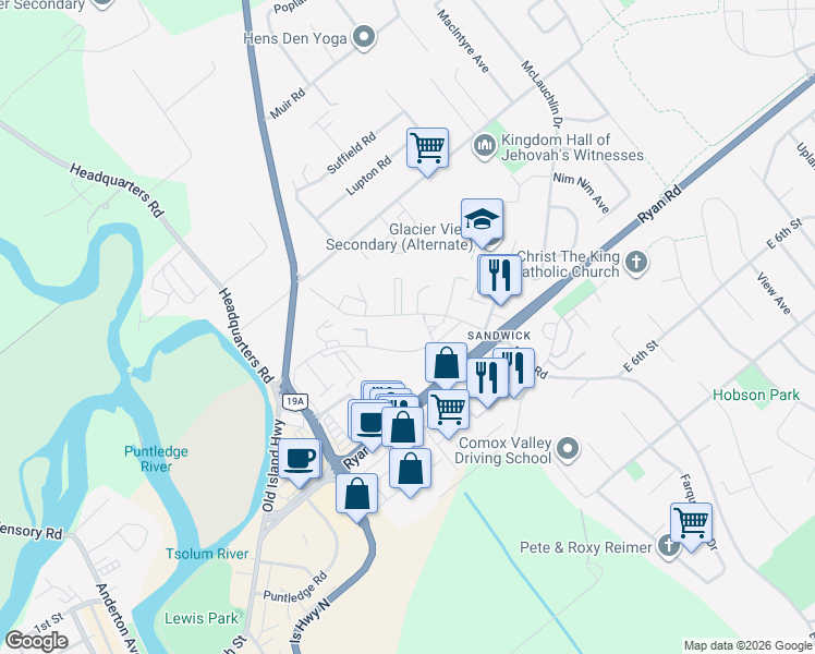 map of restaurants, bars, coffee shops, grocery stores, and more near 1050 Braidwood Road in Courtenay